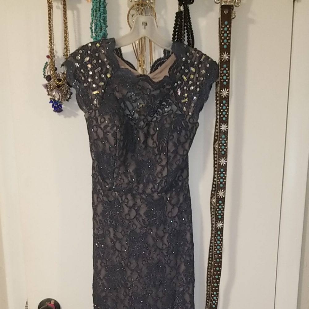 David's Bridal Long Lace Cap Sleeve Gown